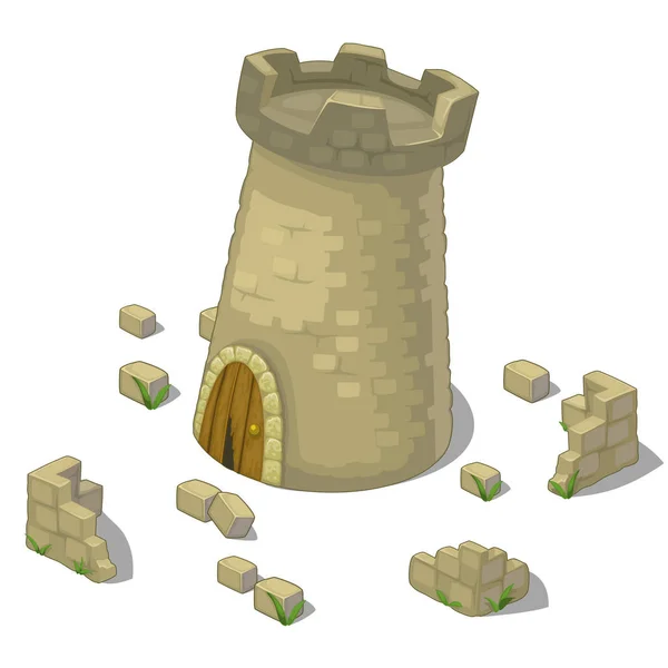 Torre arruinada de fragmentos de castillo y murallas — Vector de stock