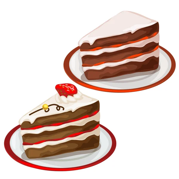Pedaço de bolo delicioso com morango em cima — Vetor de Stock