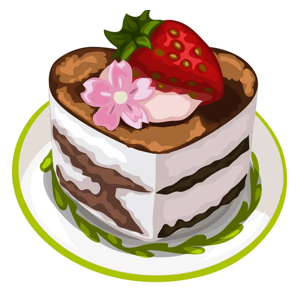 Pedaço de bolo delicioso com morango e flor —  Vetores de Stock