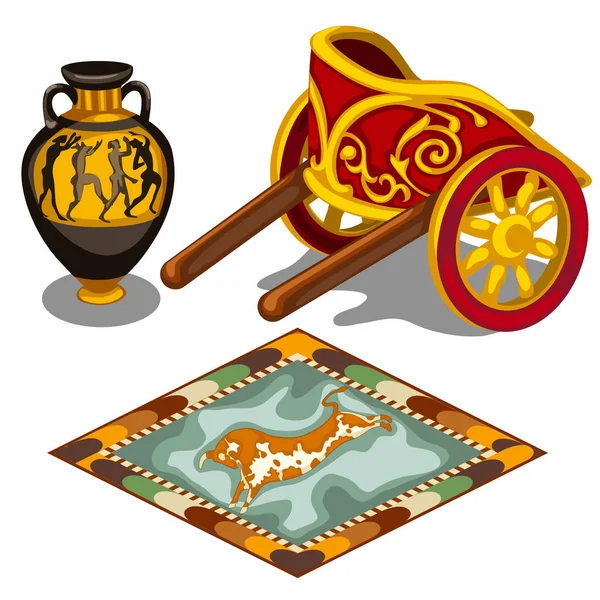 Carruagem, carpete e jarro em estilo grego — Vetor de Stock