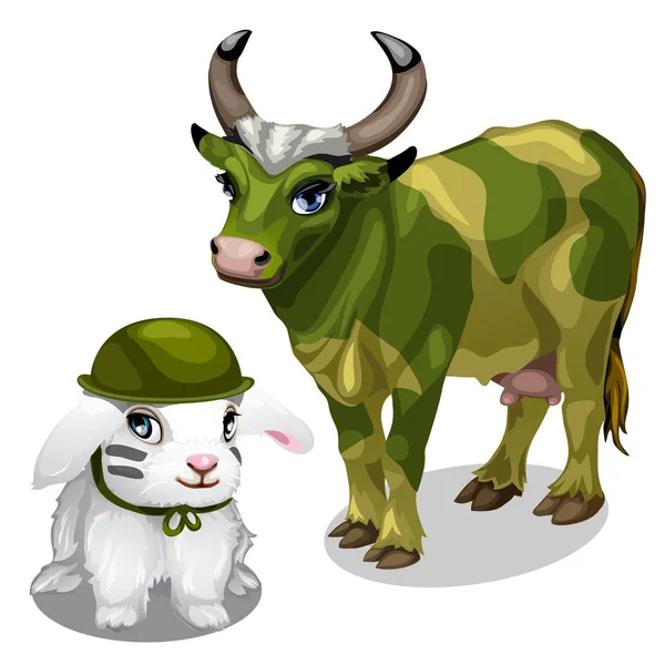 Bílý králíček v helmě a kráva v válečné barvy — Stockový vektor