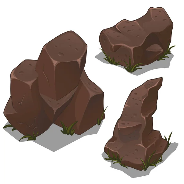 Conjunto de rocas de color marrón oscuro sobre un fondo blanco — Vector de stock