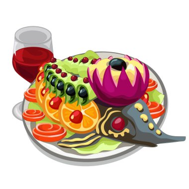 Lezzetli balık sebze ve kırmızı şarap ile