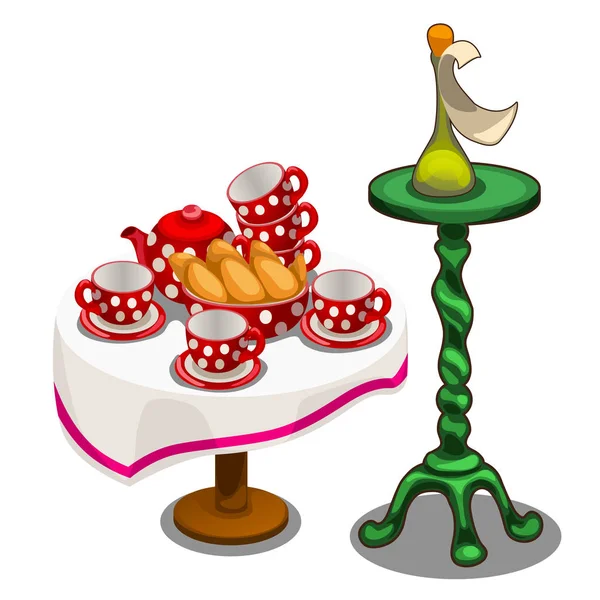 Set de té con pasteles en la mesa y otra decoración — Vector de stock