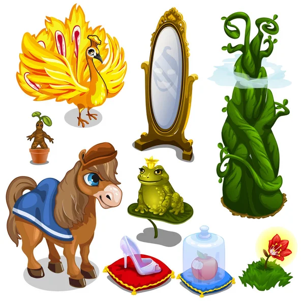 Paard, vogel, kikker en magic items. Vector — Stockvector