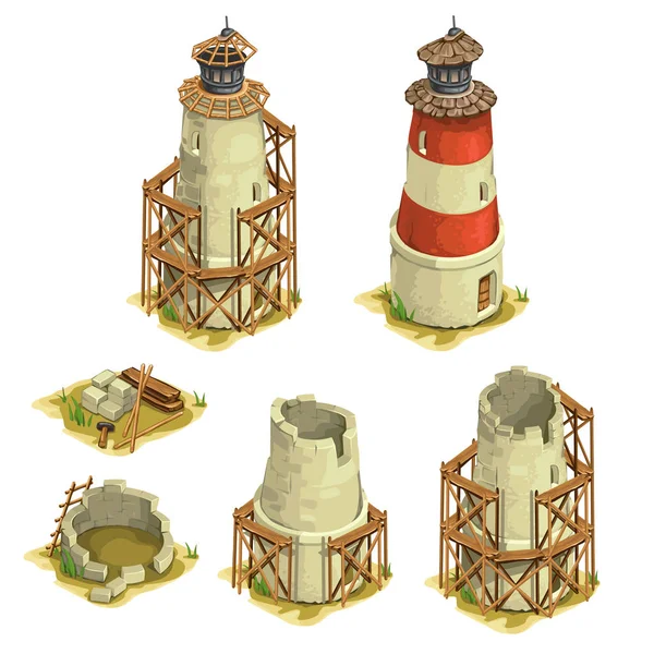 Этапы строительства кирпичного маяка. Вектор — стоковый вектор