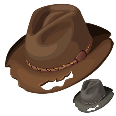 Old mens brown hat with holes. Vector isolated clipart