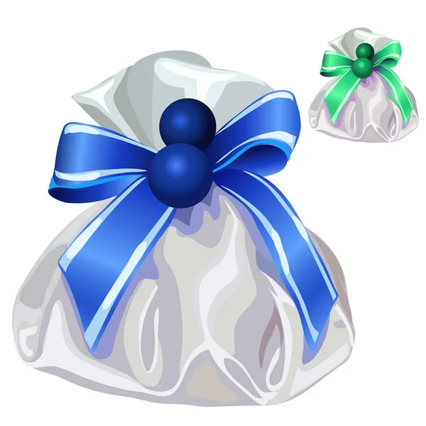 White silk bag for gifts with blue bow. Vector — Stock Vector