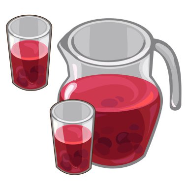 Jug with red berry compote and filled glasses clipart