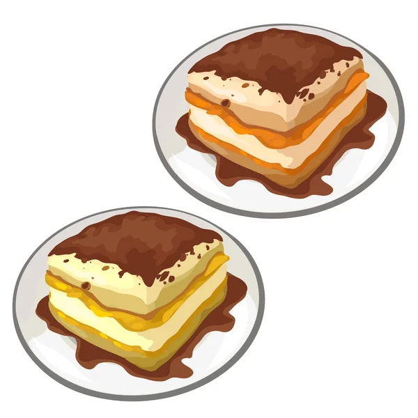 Delicioso pastel de chocolate en el plato. Postres vectoriales — Vector de stock