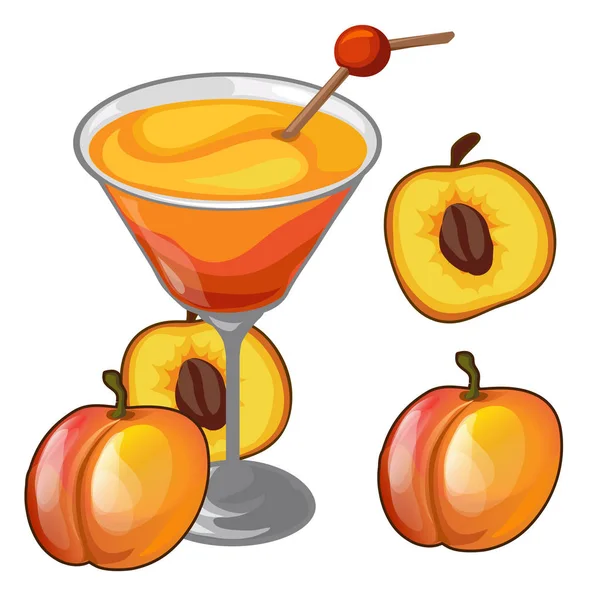 桃子在玻璃杯里用稻草和水果鸡尾酒 — 图库矢量图片