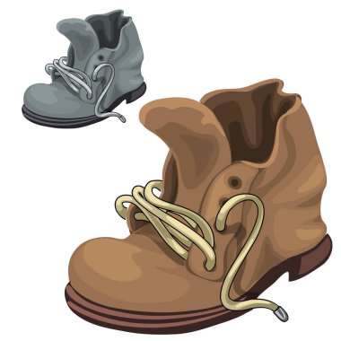 Old well-worn winter boots brown and gray. Vector clipart