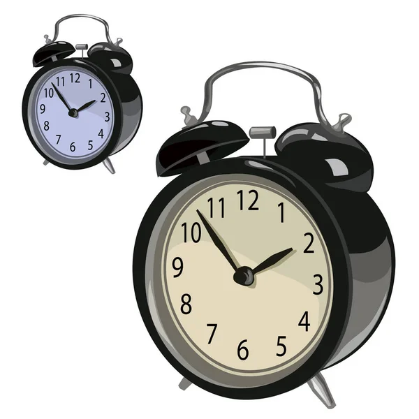 Relógio de alarme clássico preto em um fundo branco — Vetor de Stock