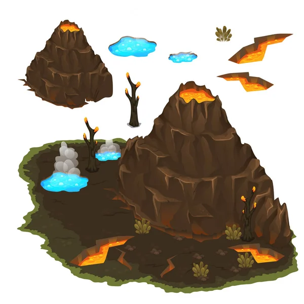 Κοιλάδα του ηφαίστεια και Θερμοπίδακες. παιχνίδι θέση — Διανυσματικό Αρχείο