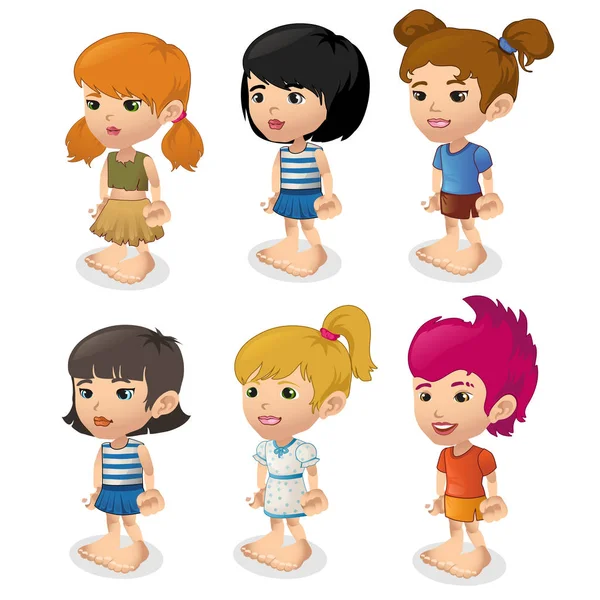 Vettoriale serie di cartoni animati di ragazze in abiti estivi — Vettoriale Stock