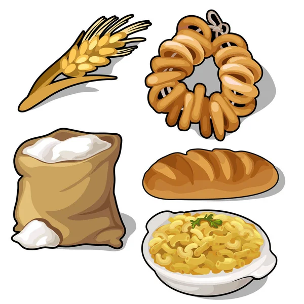 Zestaw mąki, chlebów, Bajgle, zbóż i ucha — Wektor stockowy