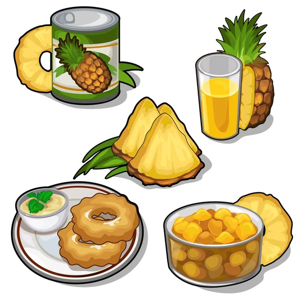 Set van heerlijke ananas in diverse gerechten — Stockvector