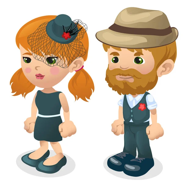 Uomo e donna in abiti di stile. Cartoni animati — Vettoriale Stock