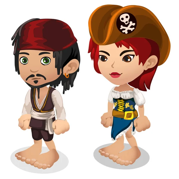 Hombre y mujer en ropa de pirata, gente de dibujos animados — Vector de stock