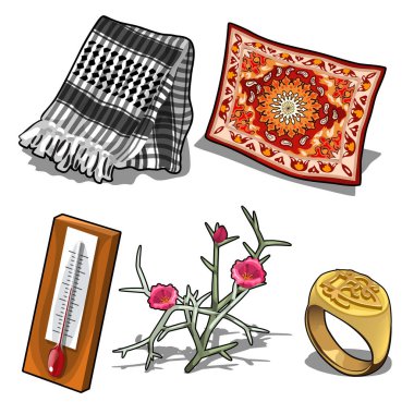 Halı, eşarp, termometre, yüzük ve çiçek