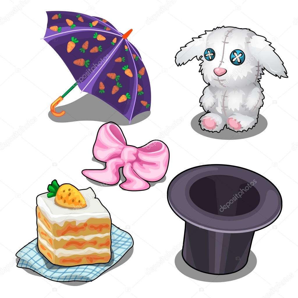 Set with bunny, carrot cake, hat and other items