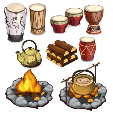 Musical instruments drums and elements of camping clipart