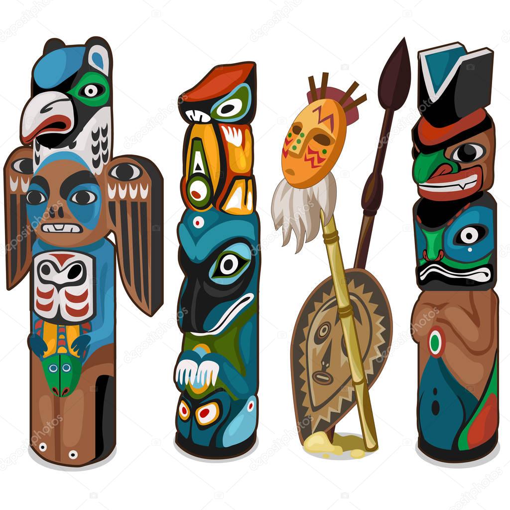 Colorful totems with faces of people and birds