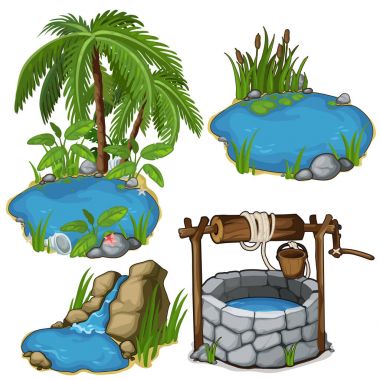 Vector miniature different ponds with classic well