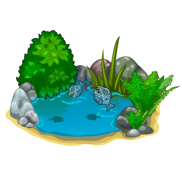 Gölet yırtıcı piranhalar, bitkiler ve taşlar ile — Stok Vektör