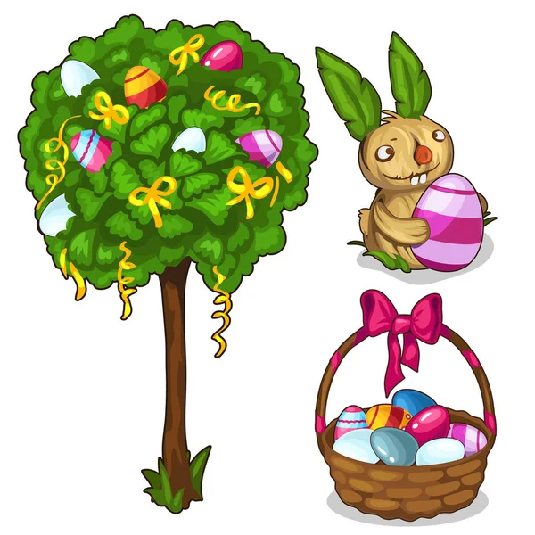 Koš s velikonoční vajíčko, zajíček a ozdobený strom — Stockový vektor