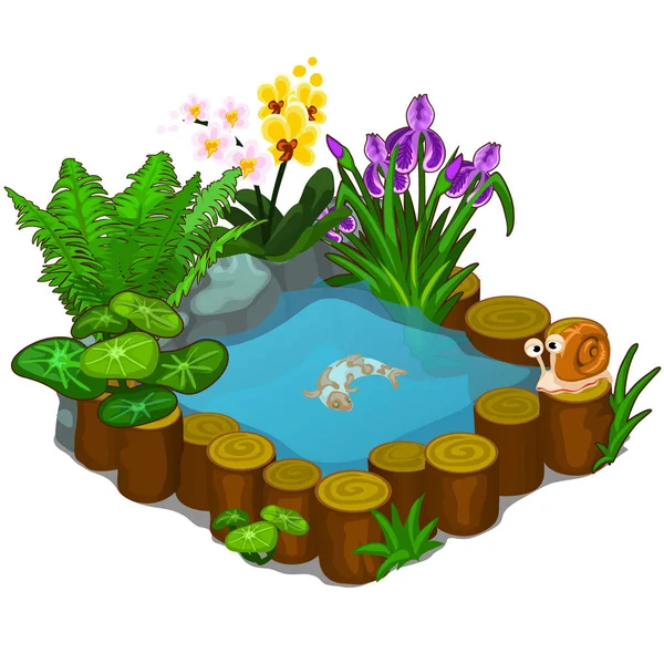 Hermoso estanque con caracol, peces y flores — Vector de stock