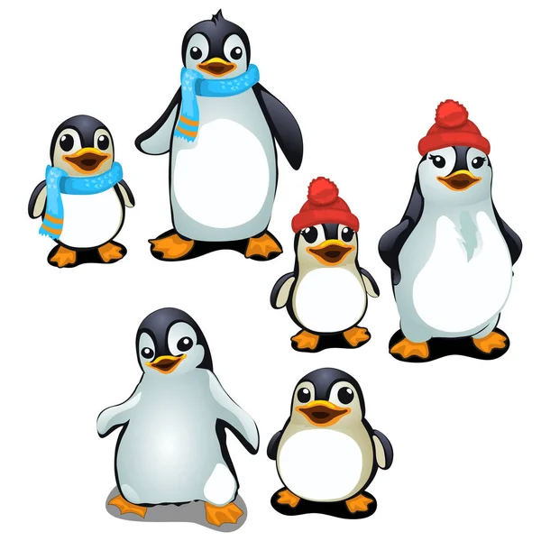 Familia alegre de pingüinos con gorra y bufanda — Vector de stock