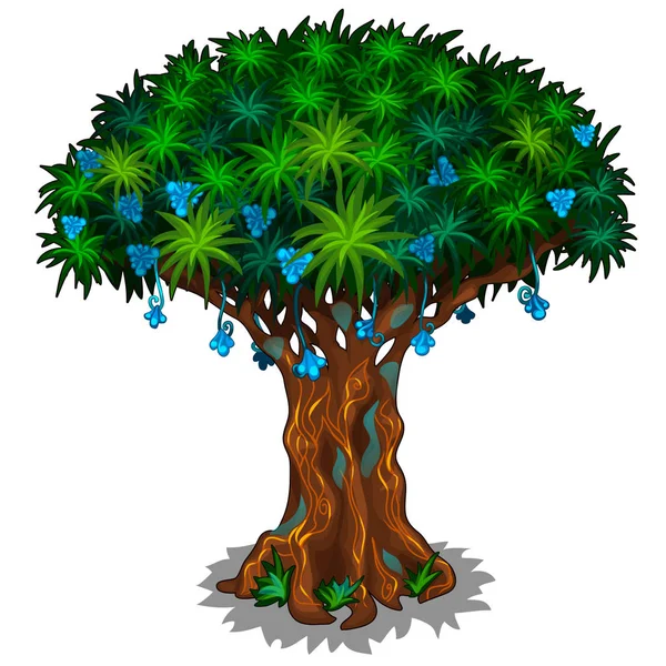 Großer Feenbaum mit blauen Blumen und Energieadern — Stockvektor