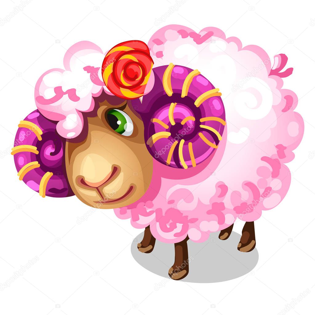 Sweet pink sheep with large spiral horns. Vector