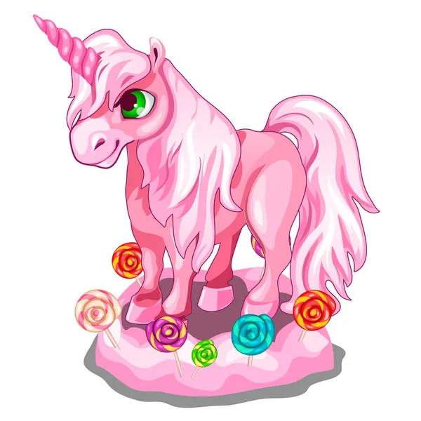 Unicornio rosa dulce con piruletas de caramelo. Vector — Vector de stock