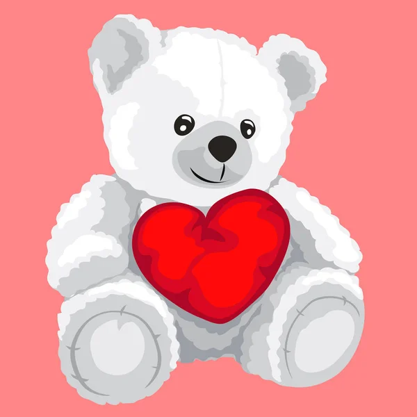 White toy bear with red heart in cartoon style — Stock Vector