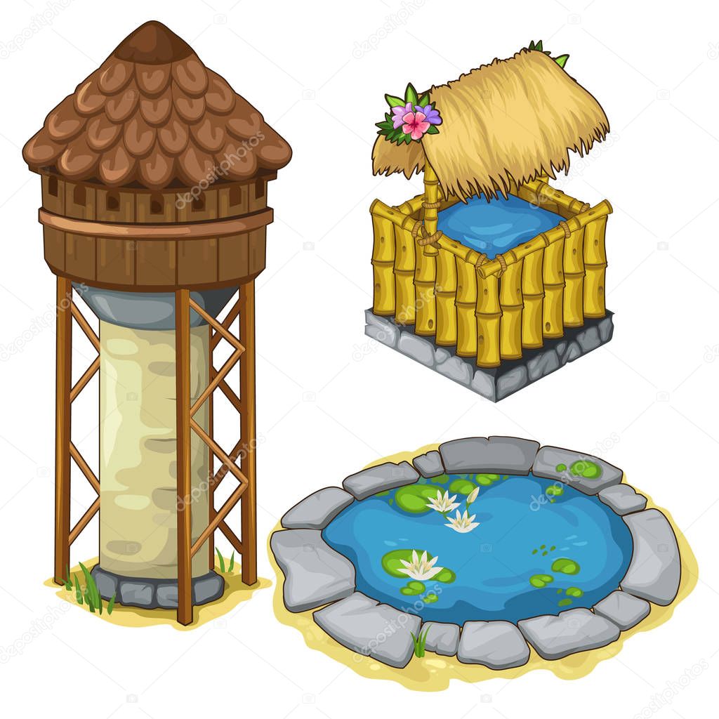 Water tower, a well and decorative lake. Vector