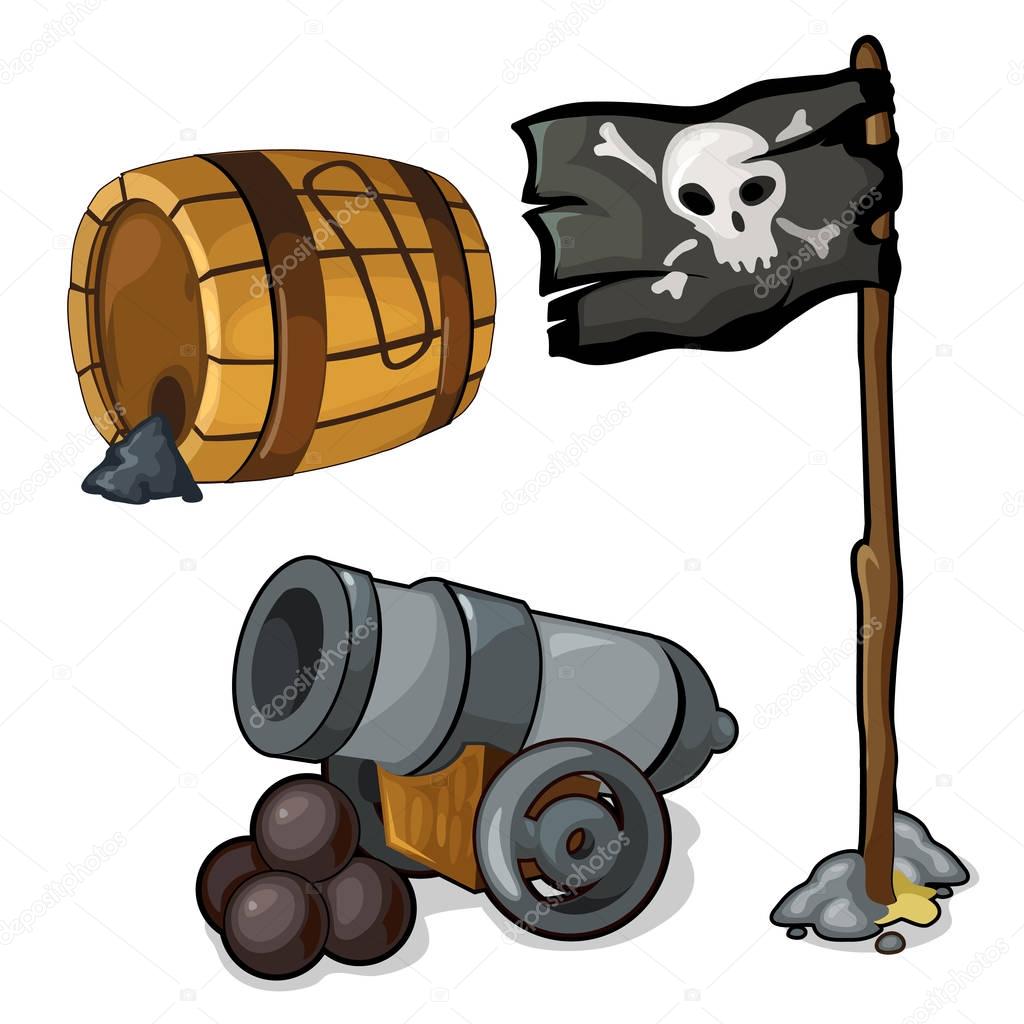 Wooden barrel of gunpowder, cannon and pirate flag