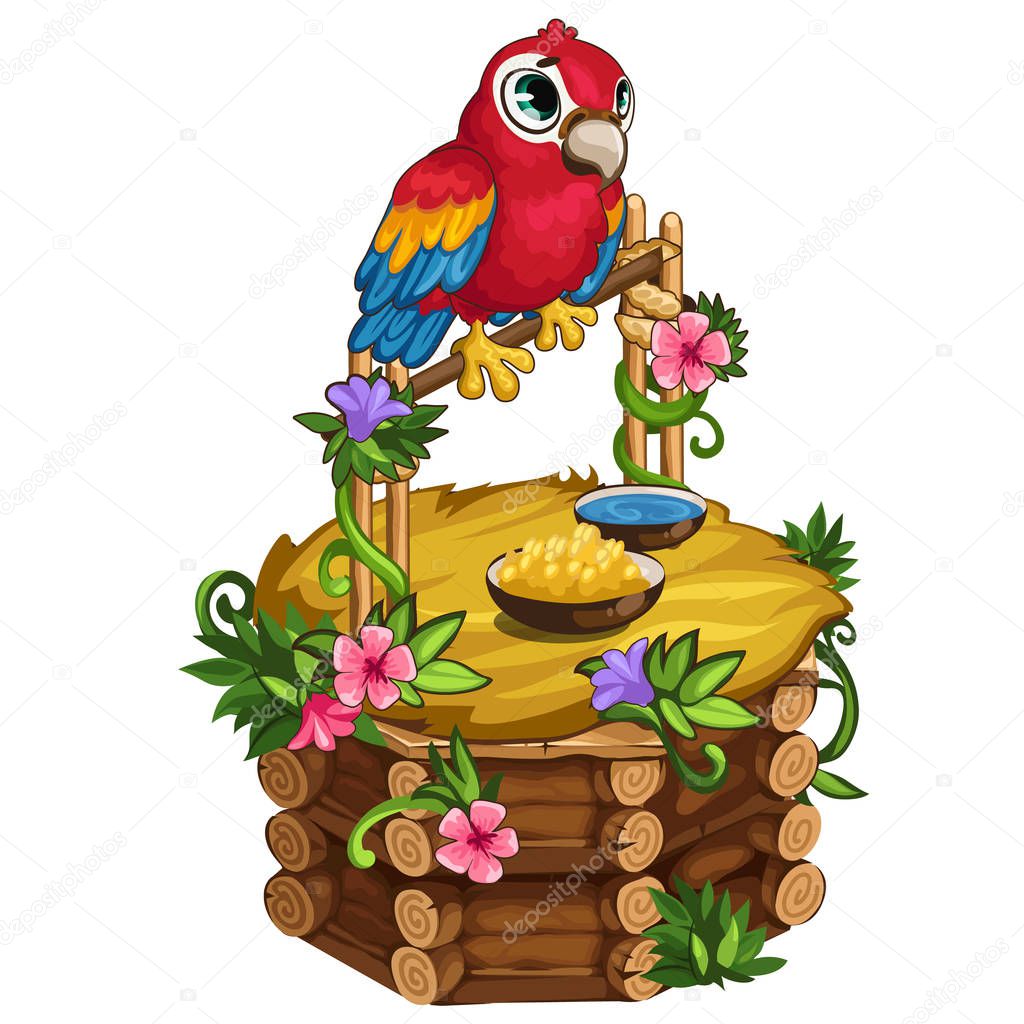 Tropical parrot sits on a beautiful wooden perch