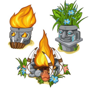 Ancient idols like a vase with fire and flowers clipart