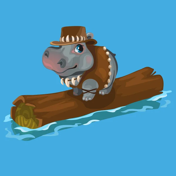 Hippopotamus hunter swimming a river on a log — Stock Vector