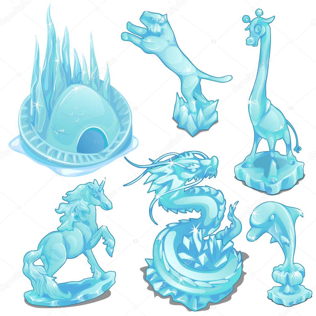 Set of ice figurines of wild and fantastic animals