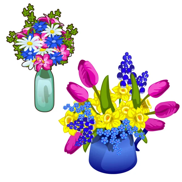 两束鲜花在玻璃和陶瓷花瓶 — 图库矢量图片