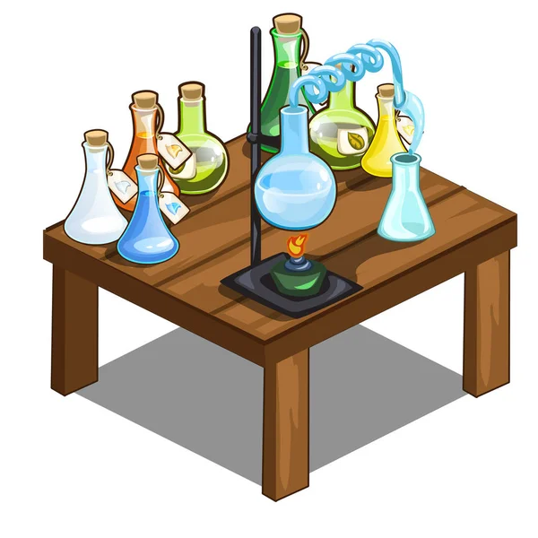 Chemische kolven op tafel. Magische drankjes concept — Stockvector