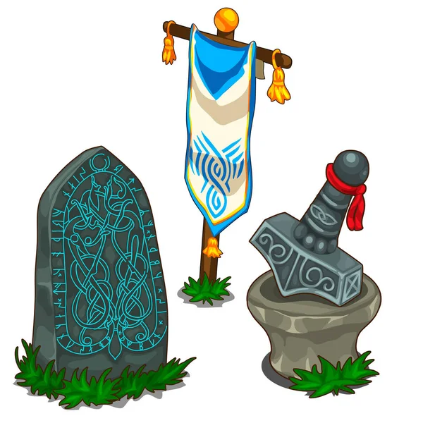 Set di oggetti nella mitologia norrena. Vettore isolato — Vettoriale Stock