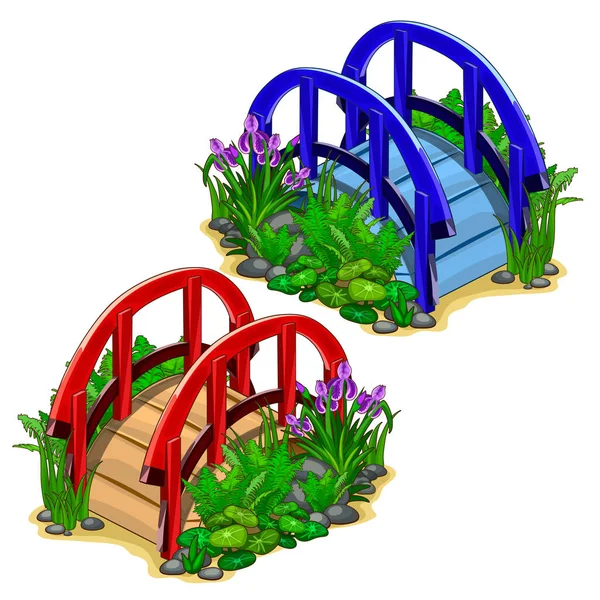 Ponts décoratifs vectoriels rouges et bleus avec plantes — Image vectorielle