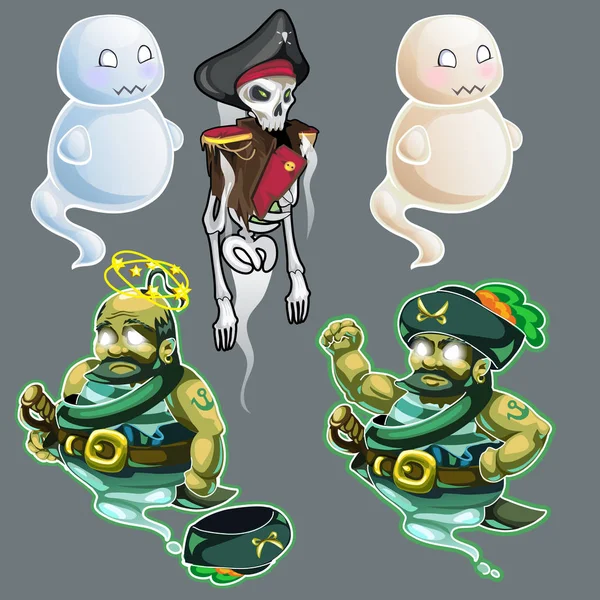 Set aus drei Piraten-Figuren und zwei Geistern — Stockvektor