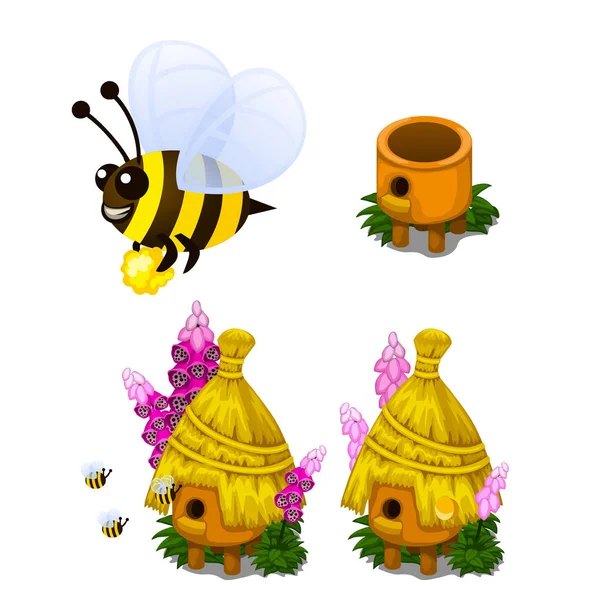 Abeja llevando miel y colmena de abejas en estilo de dibujos animados — Vector de stock