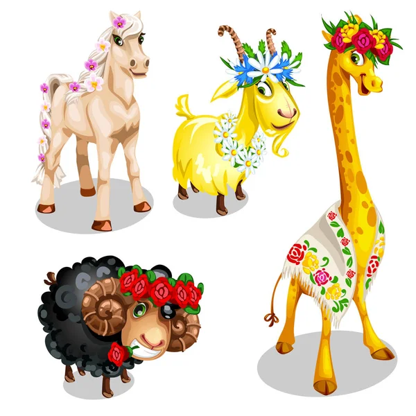 Animales de dibujos animados románticos con decoración floral — Vector de stock