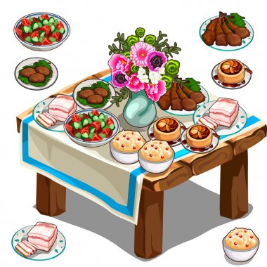 Lezzetli yemekleri ve çiçekler ile festival tablo